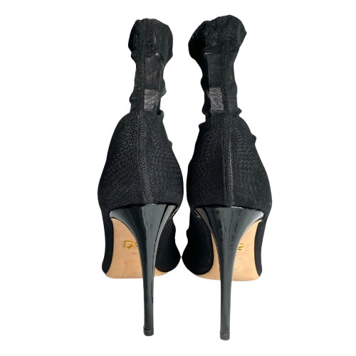 DOLCE & GABBANA Black Stretch Tulle Leather Ankle Boots, Size 39