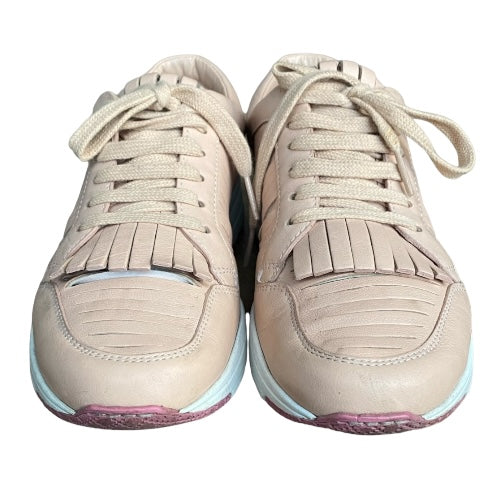 GUCCI Poudre Pink Trim Leather Fringe Lace Up Low Sneakers, Size 36.5