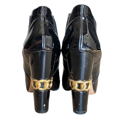 CASADEI Black Patent Leather Gold Chain Accent Block Heel Boots, Size 40