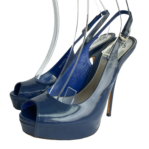 GUCCI Navy Patent Leather Peep Toe Slingback Platform Pumps, Size 36