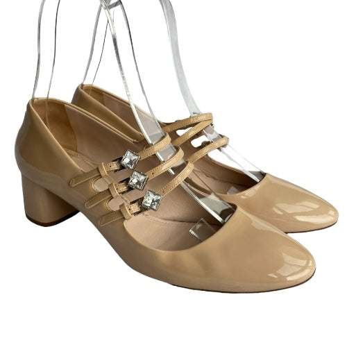MIU MIU Beige Patent Leather Crystal Strap Mary Jane Low Heel Pumps, Size 38