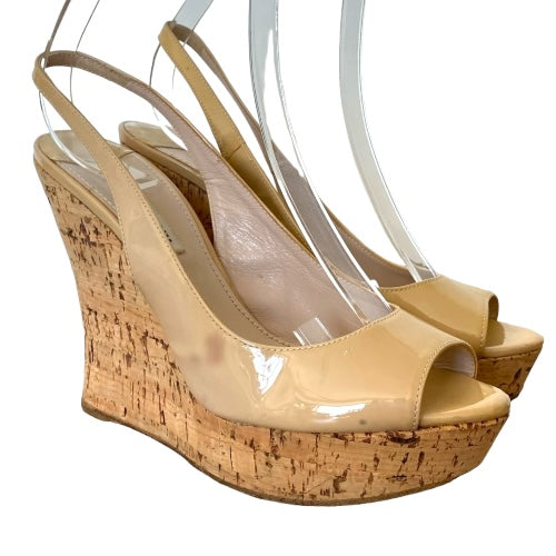 MIU MIU Beige Patent Leather Peep Toe Slingback Cork Wedge Sandals, Size 38