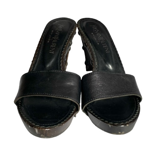 YSL YVES SAINT LAURENT Black Leather Strappy, Wood Clog Platform Mules, Size 37