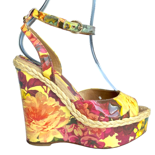 DOLCE & GABBANA Multicolor Patent Leather Floral Print Wedge Sandals, Size 38