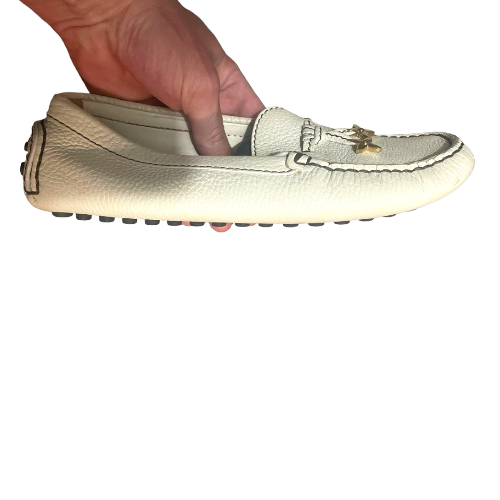 LOUIS VUITTON White Iridescent Leather Flat Loafers with Gold Flower, Size 38.5