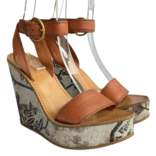 MIU MIU Brown Leather Strappy Floral Printed Canvas Wedge Heel Sandals, Size 37