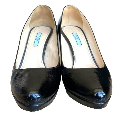 PRADA Black Textured Patent Leather Platform Pumps, Size 41