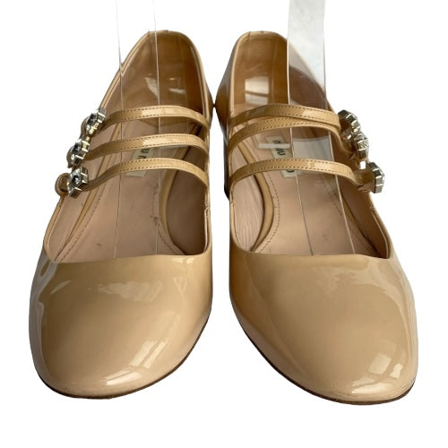 MIU MIU Beige Patent Leather Crystal Strap Mary Jane Low Heel Pumps, Size 38