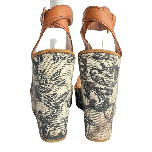 MIU MIU Brown Leather Strappy Floral Printed Canvas Wedge Heel Sandals, Size 37