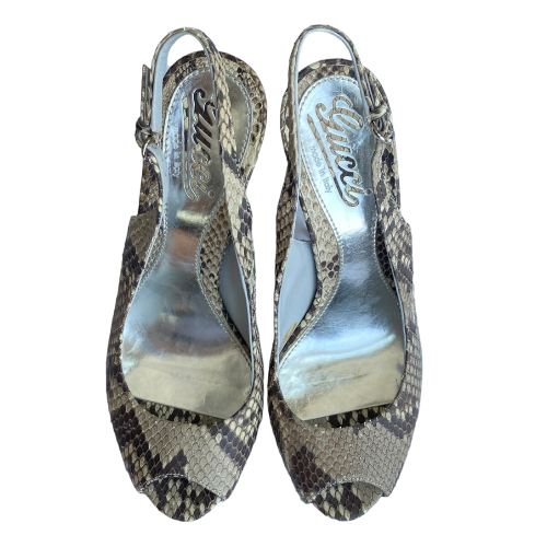GUCCI Beige Python Leather Sofia Peep Toe Platform Slingback Pumps, Size 36
