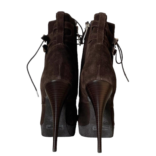 NEW YVES SAINT LAURENT Brown Suede Lace Up Ankle Platform Boots, Size 36.5