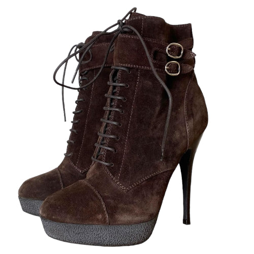 NEW YVES SAINT LAURENT Brown Suede Lace Up Ankle Platform Boots, Size 36.5