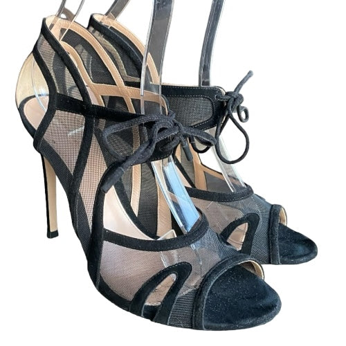 GIANVITO ROSSI Black Mesh & Suede Caged Open Toe Pumps, Size 39