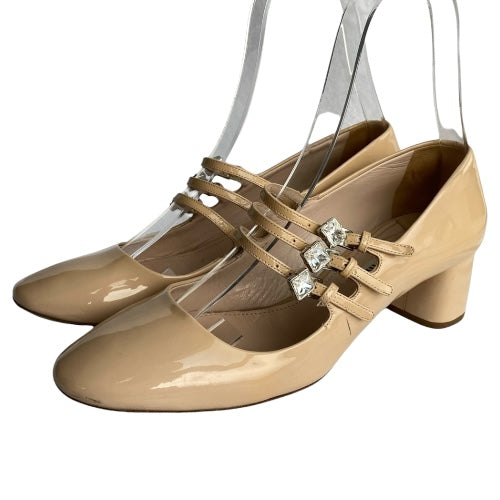MIU MIU Beige Patent Leather Crystal Strap Mary Jane Low Heel Pumps, Size 38