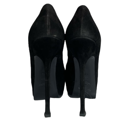 YSL YVES SAINT LAURENT Black Suede Tribtoo Tribute Platform Pumps, Size 37.5