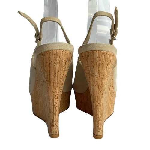 GUCCI Beige Suede Slingback Cork Heel Wedge Sandals, Size 36.5