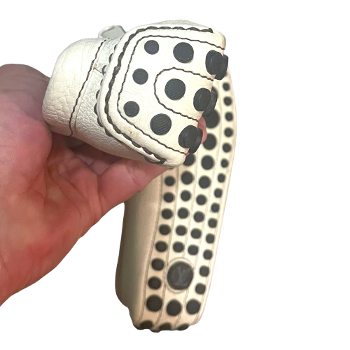 LOUIS VUITTON White Iridescent Leather Flat Loafers with Gold Flower, Size 38.5