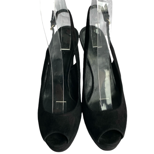 GUCCI Black Suede Peep Toe Gold Metals Slingback Platform Wedge Sandals, 38 C