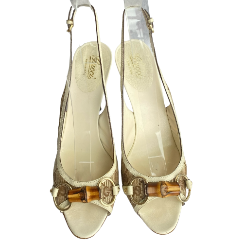 GUCCI Beige Canvas Bamboo Guccissima Horsebit Slingback Sandals, Size 40