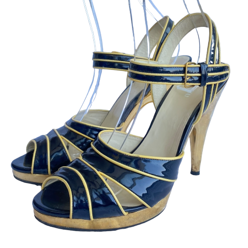 MIU MIU Navy Patent Leather Yellow Patent Trim Gold Strappy Heeled Sandals, 40.5