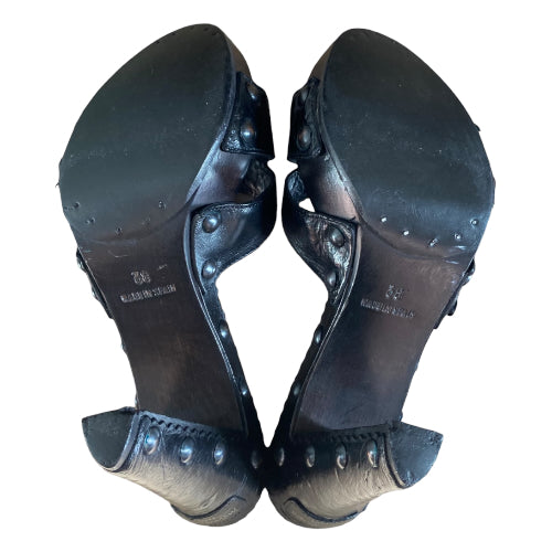 YVES SAINT LAURENT Black Leather Strappy, Wood Clog Platform Mules, Size 38