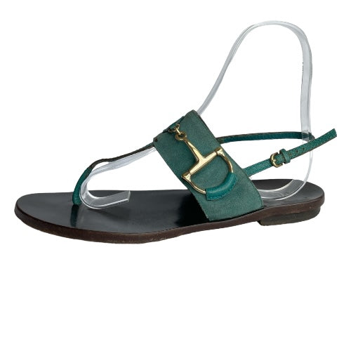 GUCCI Teal Green Nubuck & Leather Horsebit Buckle Flat Thong Sandals, Size 38.5