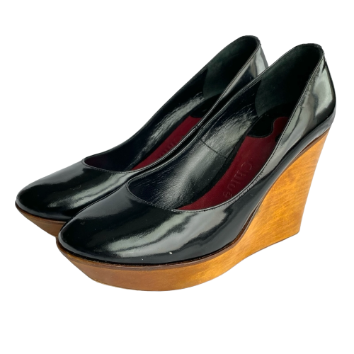 CHLOE Black Patent Leather Wooden Heel Wedge Pumps, Size 36