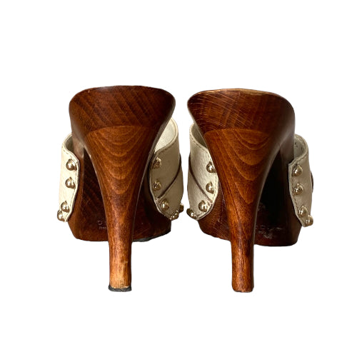 GUCCI Beige Leather Horsebit Icon Bit Wood Clogs, Size 35