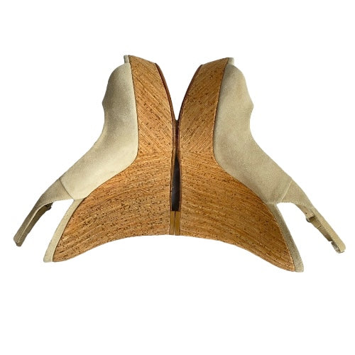 GUCCI Beige Suede Slingback Cork Heel Wedge Sandals, Size 36.5