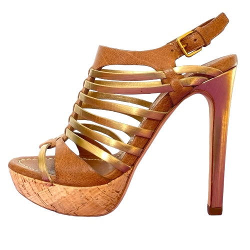 NEW MIU MIU Brown & Gold Leather Strappy Cork Platform Heel Sandals, Size 36