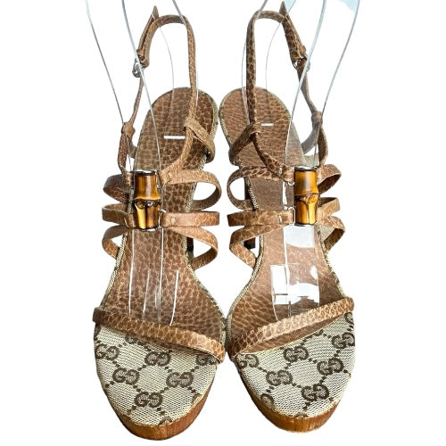 GUCCI Brown Leather Strappy, Guccissima, Bamboo Icon Sandals, Size 36