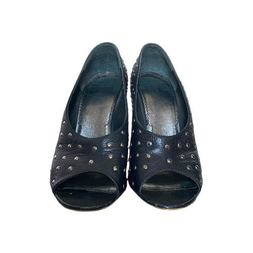 GIVENCHY Black Leather Studded Open Toe Pumps, Size 39