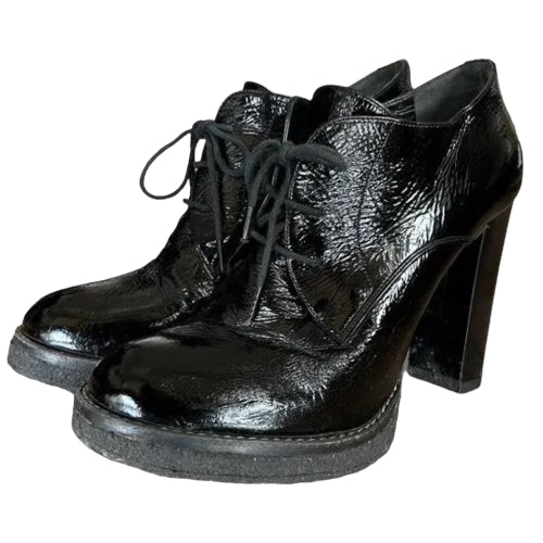 BALENCIAGA Black Patent Leather Lace Up Block Heel Ankle Booties, Size 40