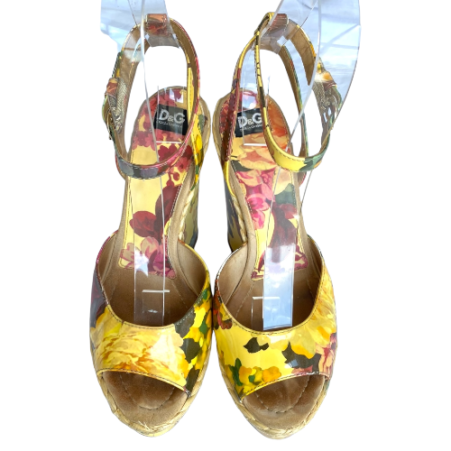 DOLCE & GABBANA Multicolor Patent Leather Floral Print Wedge Sandals, Size 38