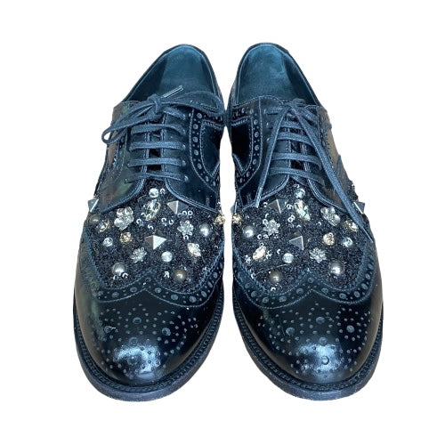 DOLCE & GABBANA Black Brogue Leather Studded Embellished Lace Oxfords, Size 38.5