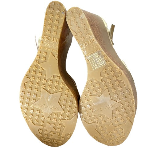 JIMMY CHOO Pela Gold Metallic Leather T Strap Cork Wedge Sandals, Size 39.5
