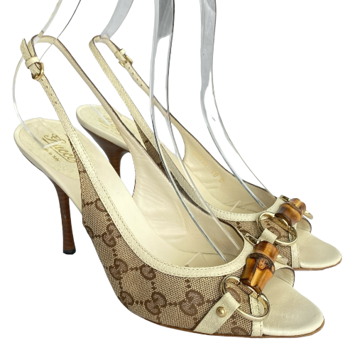 GUCCI Beige Canvas Bamboo Guccissima Horsebit Slingback Sandals, Size 40