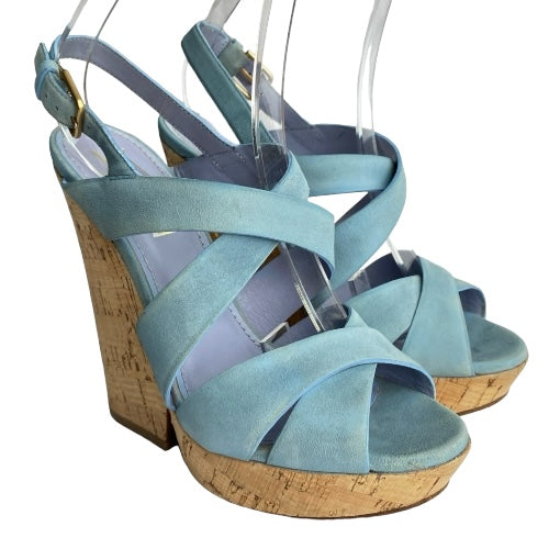 YVES Saint Laurent Lauren Blue Suede Crisscross Strappy Cork Wedge Sandals, 36.5