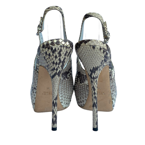 GUCCI Beige Python Leather Sofia Peep Toe Platform Slingback Pumps, Size 36