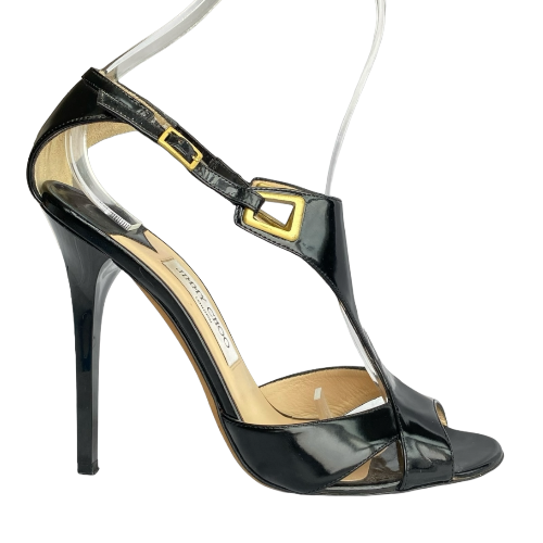JIMMY CHOO Black Patent Leather Cut Out Ankle Strap Sandals, Size 40