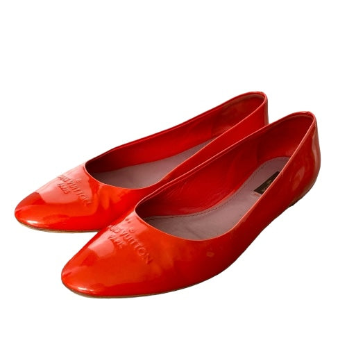 LOUIS VUITTON Orange Patent Leather Logo Embossed Ballet Flats, Size 39.5
