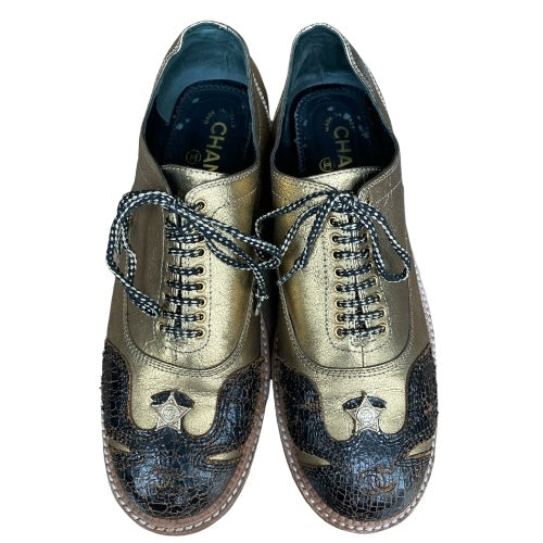 CHANEL Paris Dallas Gold Leather Lace Up Oxfords, Size 40