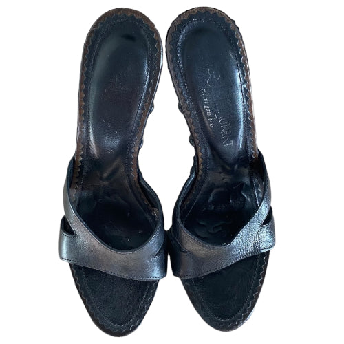 YVES SAINT LAURENT Black Leather Strappy, Wood Clog Platform Mules, Size 38