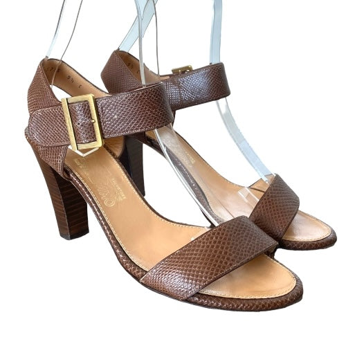 SALVATORE FERRAGAMO Brown Leather Strappy Buckle Ankle Strap Sandals, Size 9.5 C