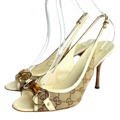 GUCCI Beige Canvas Bamboo Guccissima Horsebit Slingback Sandals, Size 40