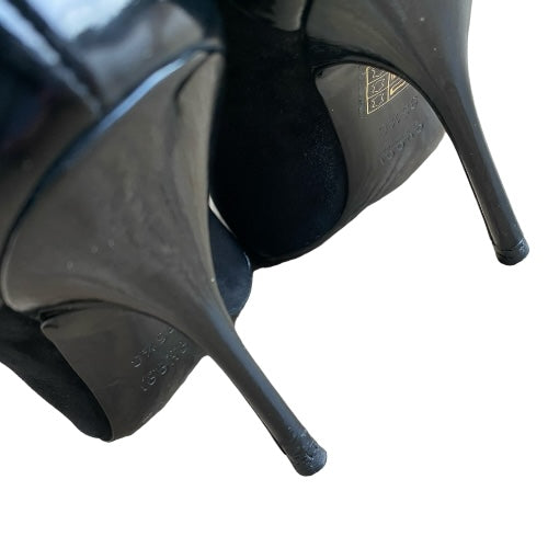 GUCCI Black Suede & Patent Leather GG Logo Detail Peep Toe Pumps, Size 35.5 C