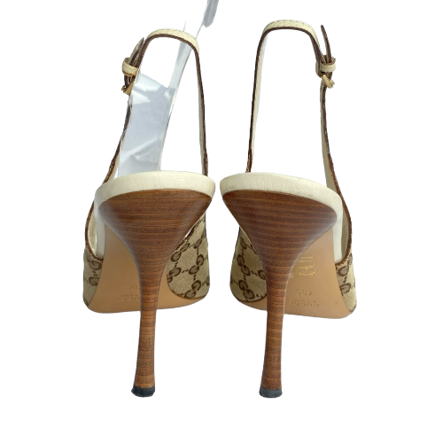 GUCCI Beige Canvas Bamboo Guccissima Horsebit Slingback Sandals, Size 40