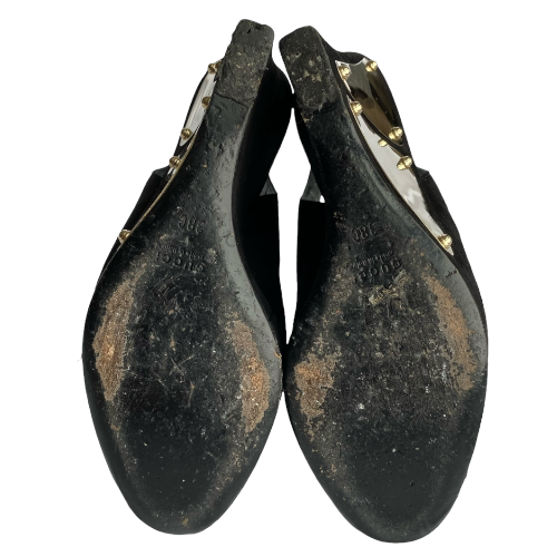 GUCCI Black Suede Peep Toe Gold Metals Slingback Platform Wedge Sandals, 38 C