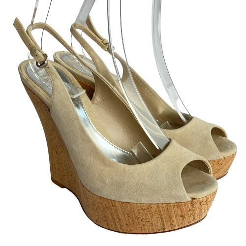GUCCI Beige Suede Slingback Cork Heel Wedge Sandals, Size 36.5