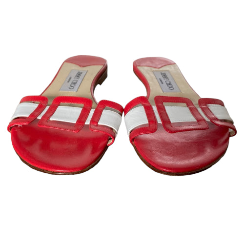JIMMY CHOO Red & White Leather Flat Sandals, Size 36